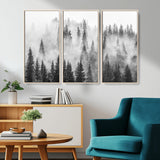 10422-MGV-CV-36X24-Misty Pine Forest Wall Art – Black and White Foggy Landscape Canvas Print, Serene Nature Woodland Decor for Bedroom, Office or