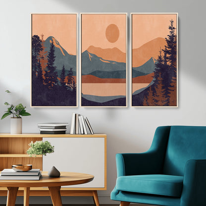 62795-MGV-CV-36X24-Minimalist Mountain Landscape Wall Art – Abstract Sunset Over Peaks and Pine Trees Canvas Print, Modern Nature Decor for Living
