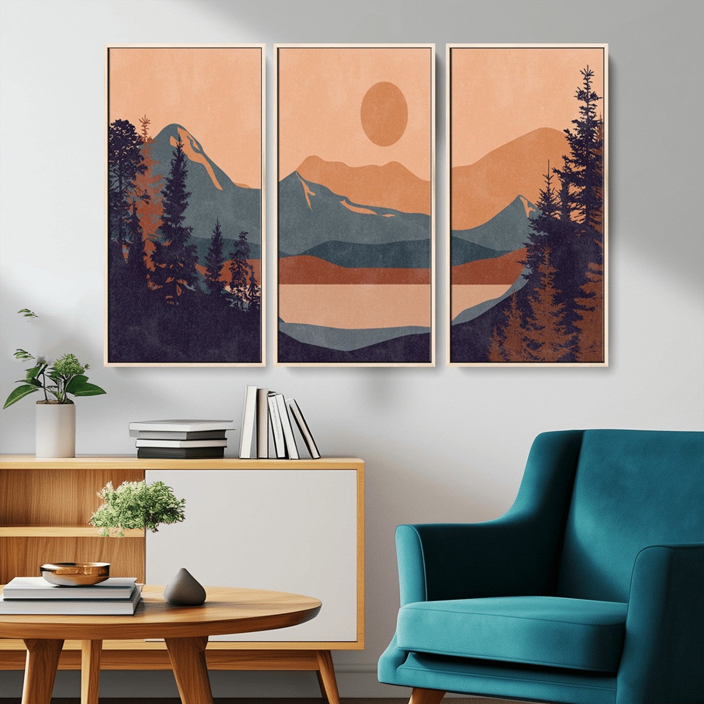 62795-MGV-CV-36X24-Minimalist Mountain Landscape Wall Art – Abstract Sunset Over Peaks and Pine Trees Canvas Print, Modern Nature Decor for Living