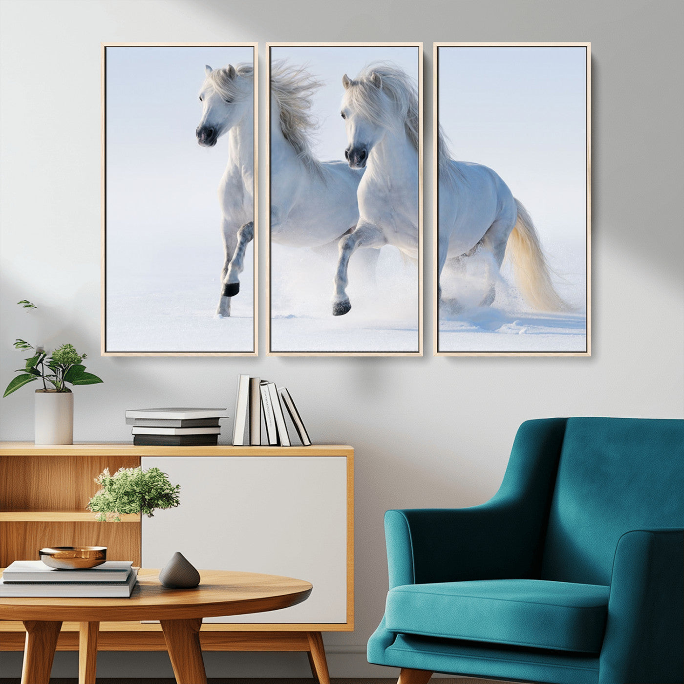 80145-MGV-CV-36X24-White Horses Running Snow Wall Art – Majestic Equine Canvas Print, Winter Nature Photography Decor for Living Room, Office,