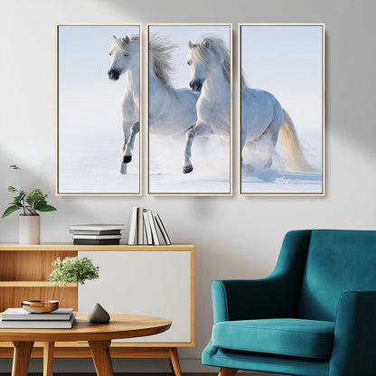 80145-MGV-CV-36X24-White Horses Running Snow Wall Art – Majestic Equine Canvas Print, Winter Nature Photography Decor for Living Room, Office,