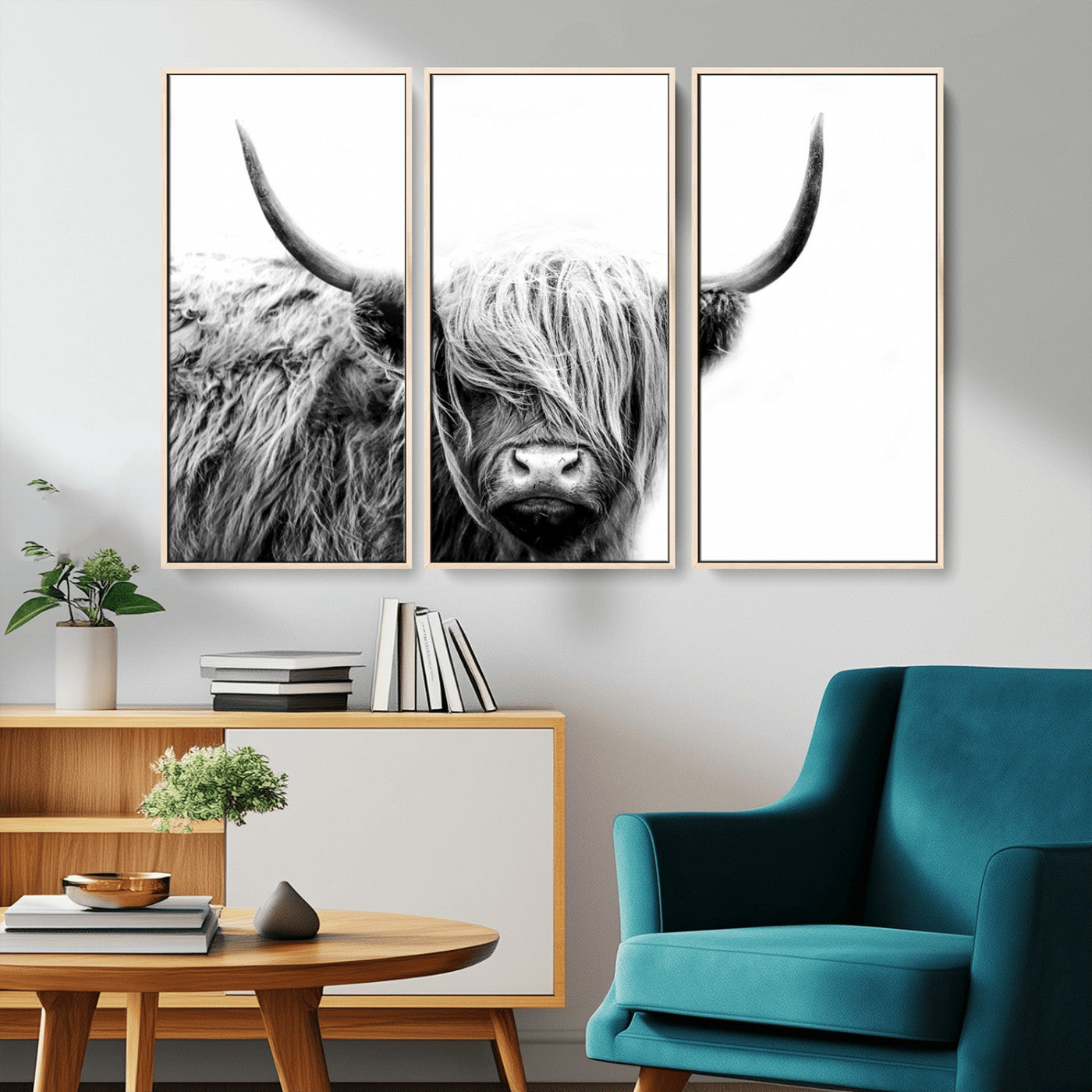 51957-MGV-CV-36X24-Highland Cow Wall Art – Black and White Scottish Highland Bull Canvas Print, Rustic Farmhouse Animal Decor for Living Room,