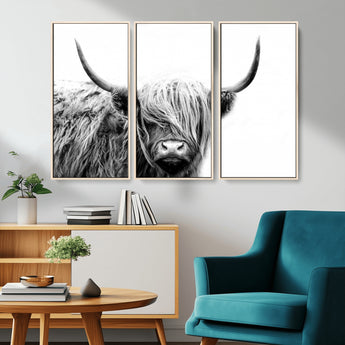 51957-MGV-CV-36X24-Highland Cow Wall Art – Black and White Scottish Highland Bull Canvas Print, Rustic Farmhouse Animal Decor for Living Room,