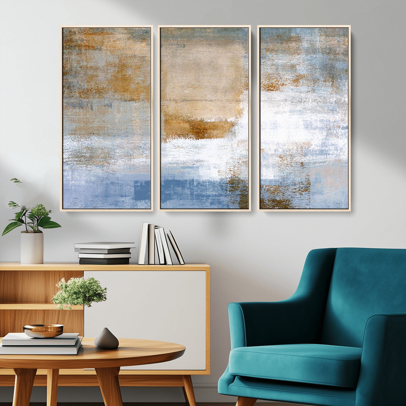 72354-MGV-CV-36X24-Blue and Gold Abstract Wall Art – Modern Minimalist Canvas Print, Textured Contemporary Painting for Living Room, Bedroom, or