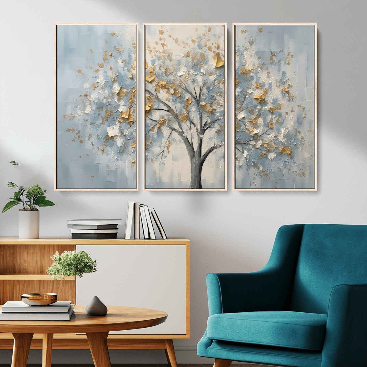 65811-MGV-CV-36X24-Abstract Tree Wall Art – Textured Canvas Painting with Gold and White Leaves, Modern Nature Inspired Decor for Living Room or