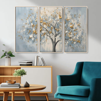 65811-MGV-CV-36X24-Abstract Tree Wall Art – Textured Canvas Painting with Gold and White Leaves, Modern Nature Inspired Decor for Living Room or