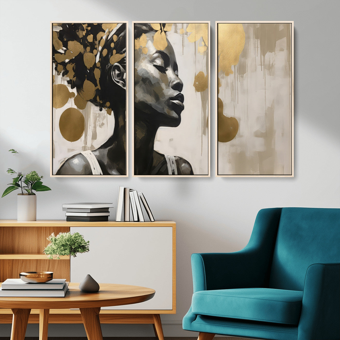 65669-MGV-CV-36X24-Elegant Black Woman Wall Art – Modern Abstract Portrait Canvas with Gold Accents, Contemporary Afrocentric Decor for Living Room