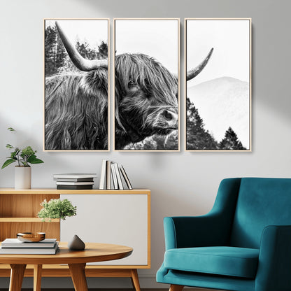 61570-MGV-CV-36X24-Highland Cow Wall Art – Black and White Scottish Bull Canvas Print, Rustic Farmhouse Animal Decor for Living Room, Bedroom, or