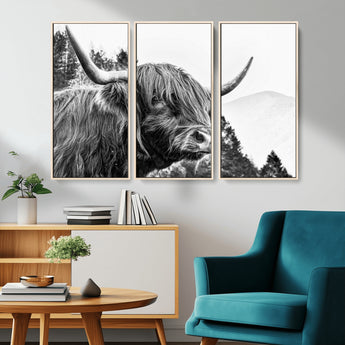 61570-MGV-CV-36X24-Highland Cow Wall Art – Black and White Scottish Bull Canvas Print, Rustic Farmhouse Animal Decor for Living Room, Bedroom, or