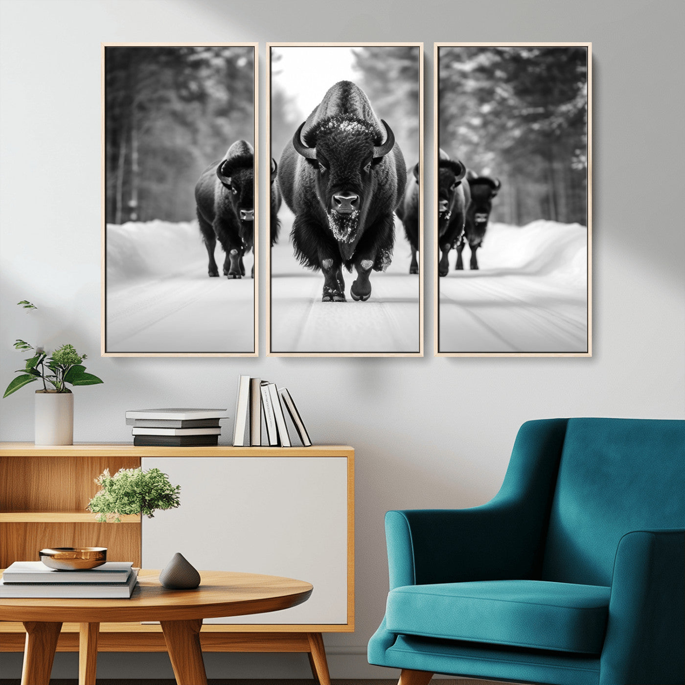 45287-MGV-CV-36X24-Bison Herd Wall Art – Black and White Buffalo Snow Road Canvas Print, Rustic Wildlife Decor for Cabin, Lodge or Living Room