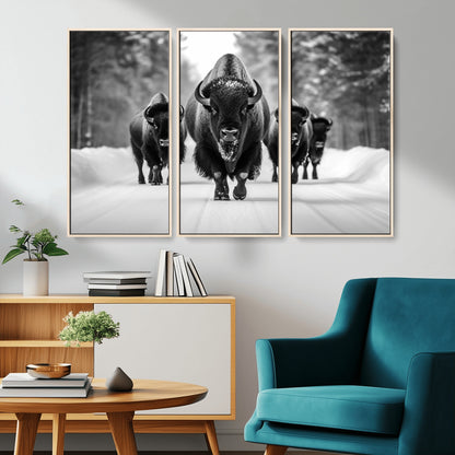 45287-MGV-CV-36X24-Bison Herd Wall Art – Black and White Buffalo Snow Road Canvas Print, Rustic Wildlife Decor for Cabin, Lodge or Living Room