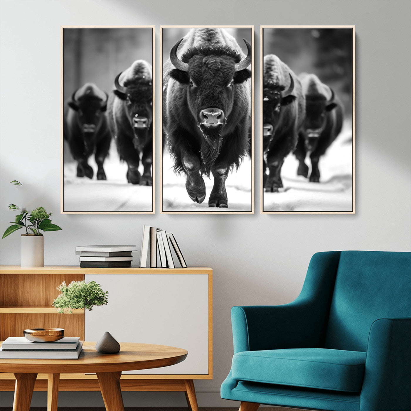 79872-MGV-CV-36X24-Bison Herd Wall Art – Black and White Buffalo on Snow Canvas Print, Rustic Wildlife Decor for Lodge, Cabin, or Living Room