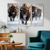 80512-MGV-FC-48X32-3P_Natural-Bison Herd Wall Art – Buffalo Running in Snow Canvas Print, Rustic Wildlife Photography Decor for Cabin, Lodge, or Living Room