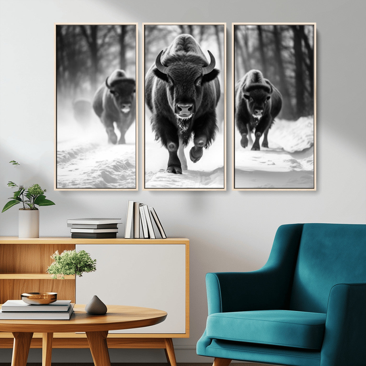 97552-MGV-CV-36X24-Black and White Bison Wall Art – Buffalo Herd Running in Snow Canvas Print, Rustic Wildlife Photography Decor for Cabin, Lodge, or