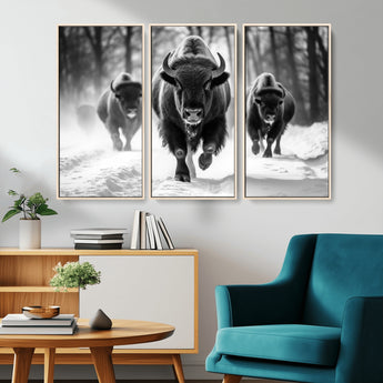 97552-MGV-CV-36X24-Black and White Bison Wall Art – Buffalo Herd Running in Snow Canvas Print, Rustic Wildlife Photography Decor for Cabin, Lodge, or