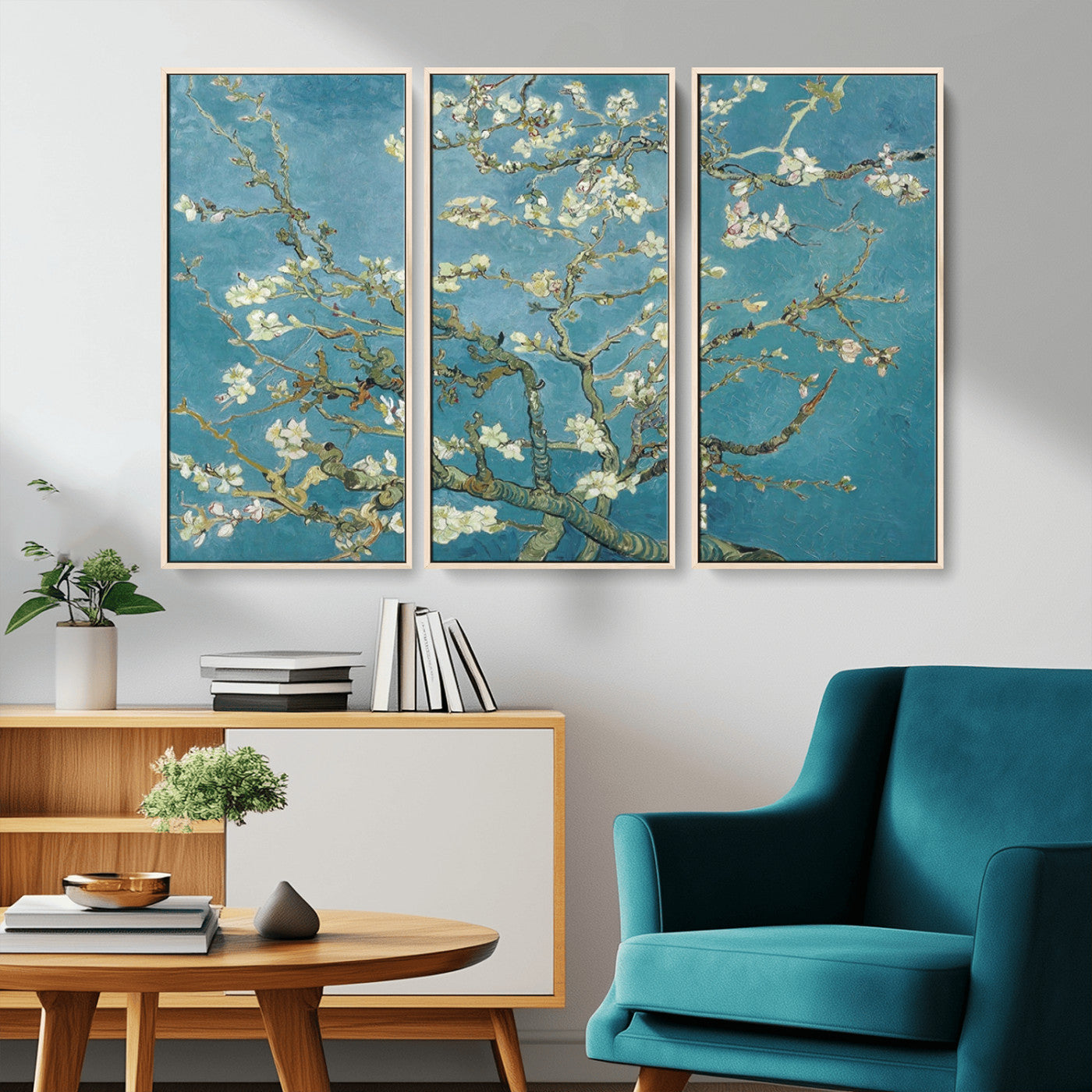 65607-MGV-FC-48X32-3P_Natural-Almond Blossom Wall Art – Van Gogh Blue Floral Canvas Print, Elegant Impressionist Painting Decor for Living Room, Bedroom or