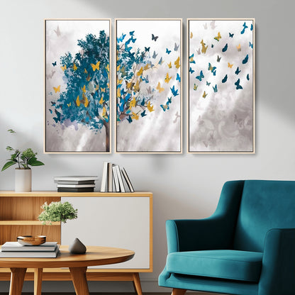 37564-MGV-CV-36X24-Butterfly Tree Wall Art – Modern Nature Canvas Print with Blue and Golden Butterflies, Elegant Decorative Painting for Living Room