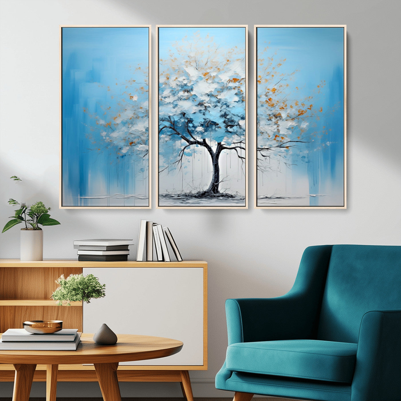 25021-MGV-CV-36X24-Abstract Tree Wall Art – Blue and White Canvas Painting with Gold Accents, Modern Nature-Inspired Artwork for Living Room, Bedroom