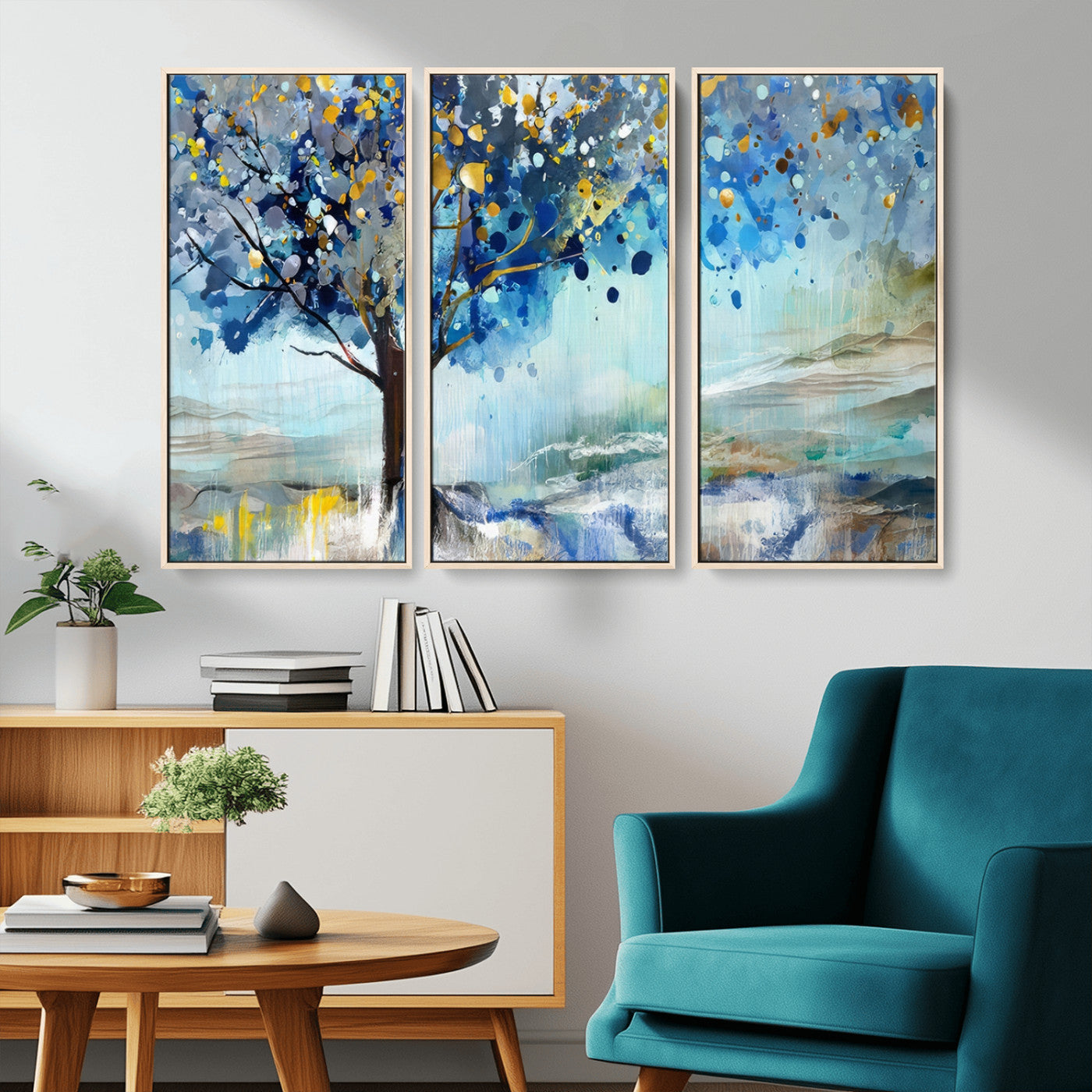 17018-MGV-CV-36X24-Abstract Blue Tree Wall Art – Colorful Canvas Painting with Gold and Silver Accents, Modern Nature Artwork for Living Room,