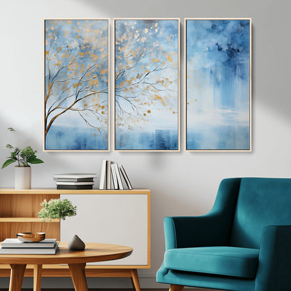23891-MGV-CV-36X24-Abstract Tree Wall Art – Minimalist Blue and Gold Canvas Painting, Elegant Nature-Inspired Artwork for Living Room, Bedroom or