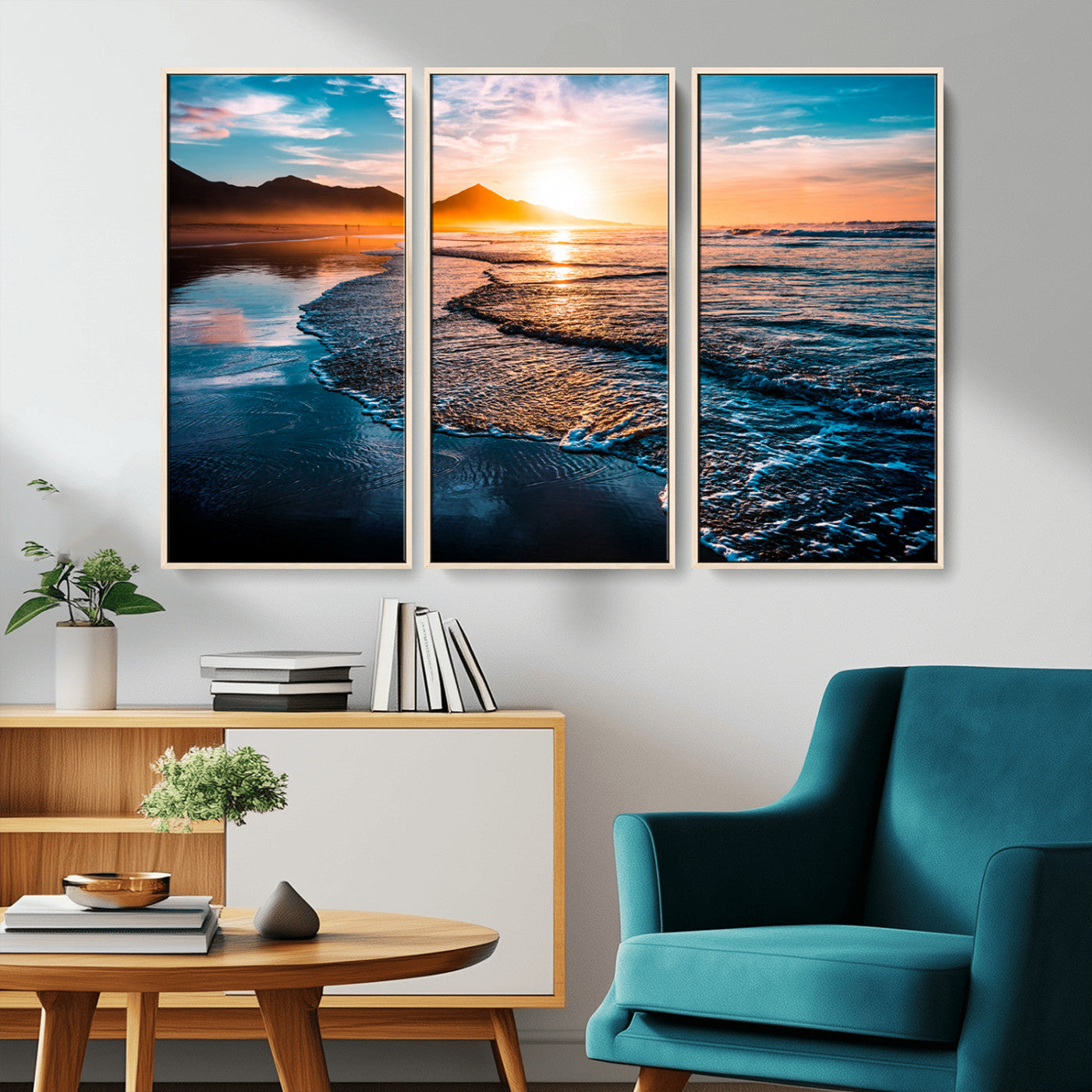 26494-MGV-CV-36X24-Ocean Sunset Wall Art – Scenic Beach Canvas Print with Waves and Mountains, Coastal Seascape Photography for Living Room, Bedroom