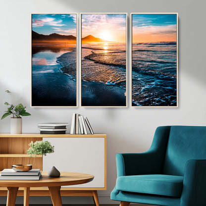 26494-MGV-CV-36X24-Ocean Sunset Wall Art – Scenic Beach Canvas Print with Waves and Mountains, Coastal Seascape Photography for Living Room, Bedroom