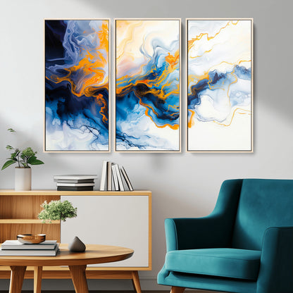 83720-MGV-CV-36X24-Abstract Fluid Wall Art – Blue, White and Gold Swirl Canvas Painting, Modern Contemporary Artwork for Living Room, Bedroom or