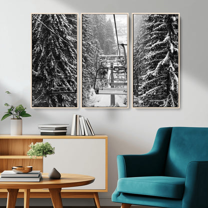 19240-MGV-CV-36X24-Ski Lift Wall Art – Black and White Winter Mountain Canvas Print, Snowy Forest Ski Resort Photography for Cabin, Lodge, Office or