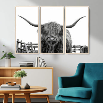 58188-MGV-CV-36X24-Highland Cow Wall Art – Black and White Rustic Farmhouse Canvas Print, Longhorn Cattle Photography Decor for Living Room or