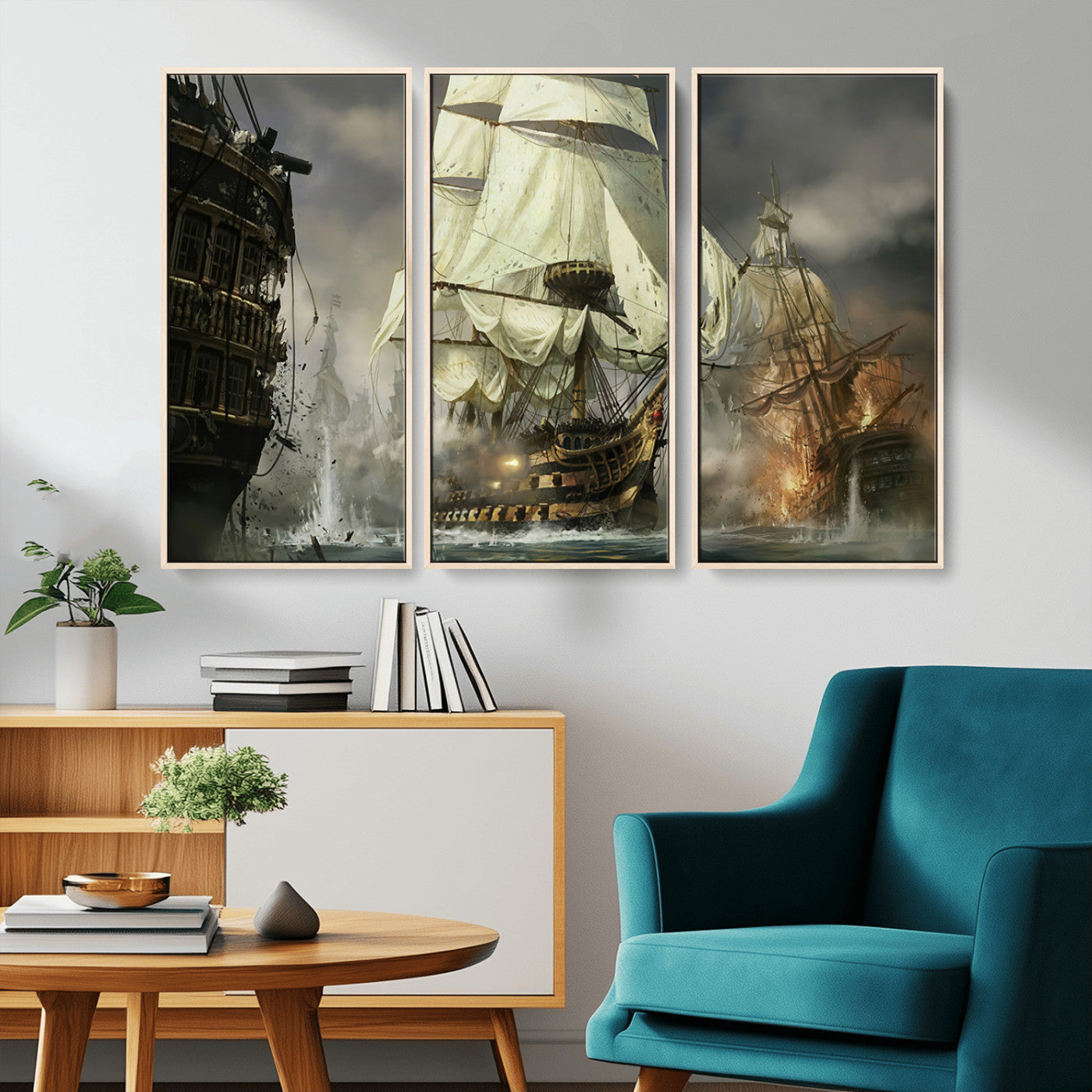 26512-MGV-CV-36X24-Naval Battle Wall Art – Dramatic Tall Ship Canvas Print, Historic Pirate Sailing War Scene, Nautical Decor for Office, Study or