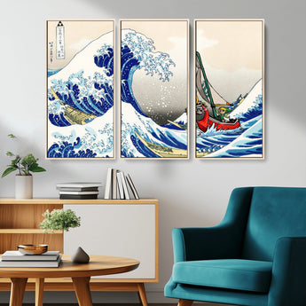 19450-MGV-CV-36X24-Great Wave Adventure Wall Art – Japanese Style Ocean Canvas Print, Fantasy Sailing Decor for Living Room, Bedroom or Office