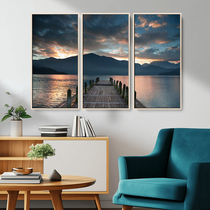 20442-MGV-FC-48X32-3P_Natural-Lakeside Sunset Dock Wall Art – Peaceful Mountain Lake Canvas Print, Serene Nature Landscape Decor for Living Room, Bedroom or