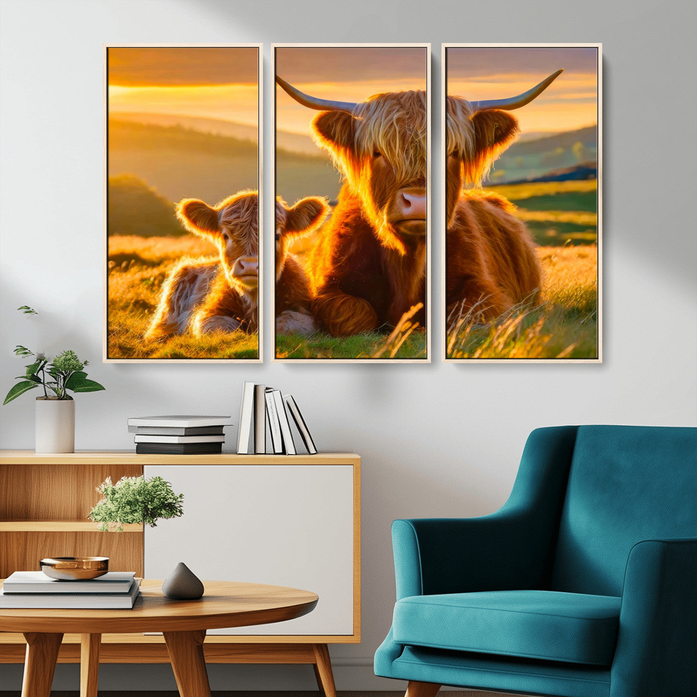 20567-MGV-CV-36X24-Highland Cow and Calf Wall Art – Rustic Farmhouse Sunset Cattle Canvas Print, Country Animal Artwork for Living Room, Bedroom, or