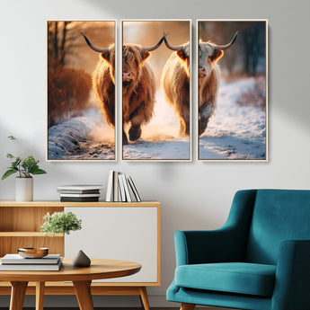 50490-MGV-CV-36X24-Highland Cow Wall Art – Rustic Panoramic Canvas Print Two Cattle Snowy Landscape, Farmhouse Country Decor for Living Room Office