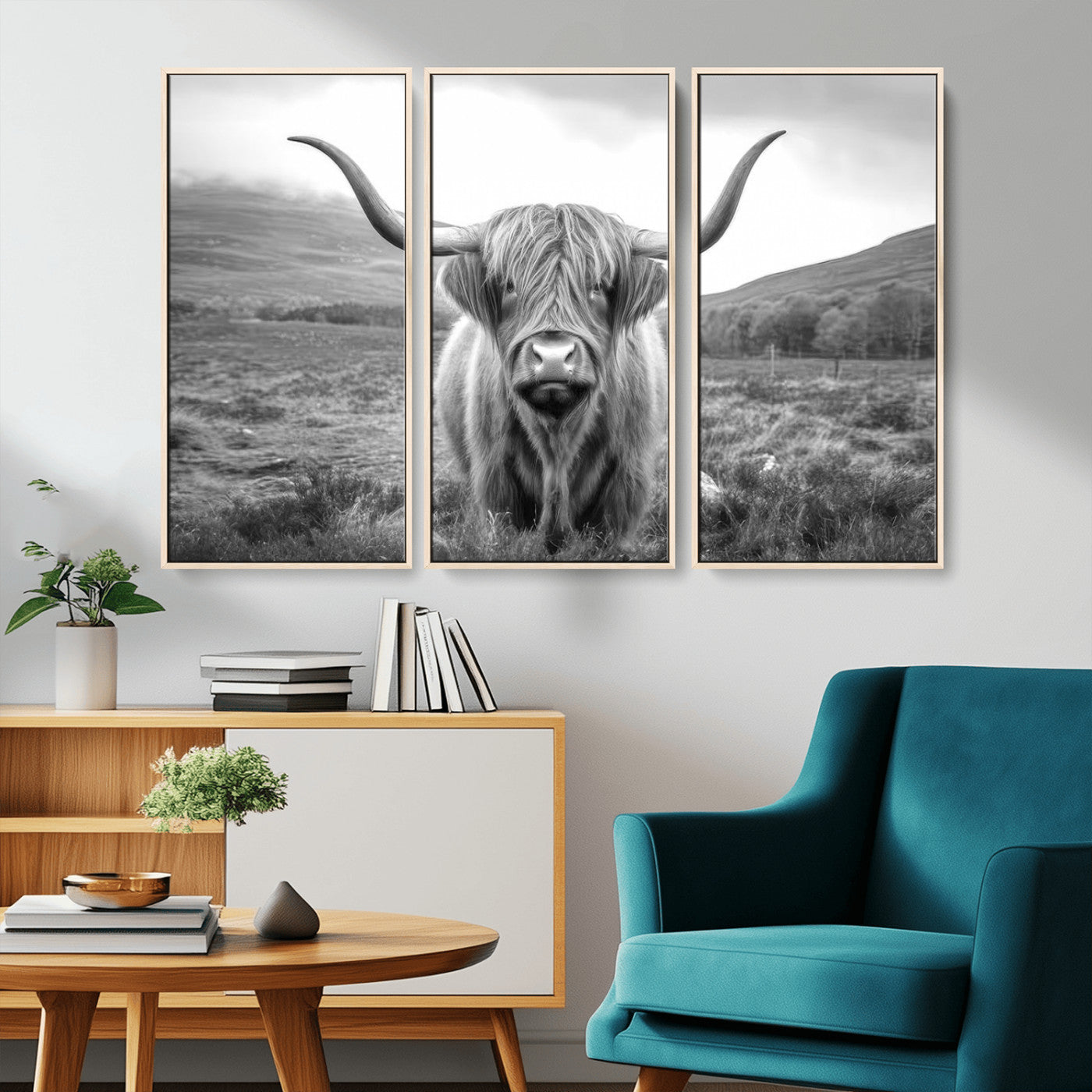 52903-MGV-CV-36X24-Highland Cow Wall Art – Black and White Canvas Print Rustic Cattle Portrait, Farmhouse Country Decor for Living Room, Office,