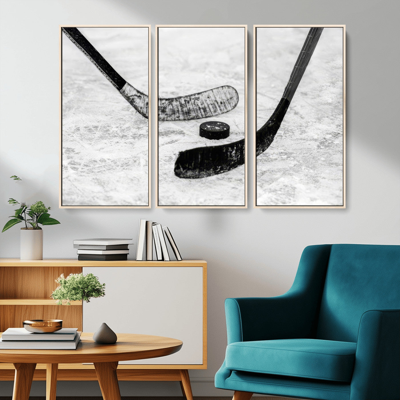 82900-MGV-CV-36X24-Hockey Wall Art – Black and White Canvas Print Ice Rink Sticks Puck Sports Photography, Modern Decor for Game Room, Man Cave,