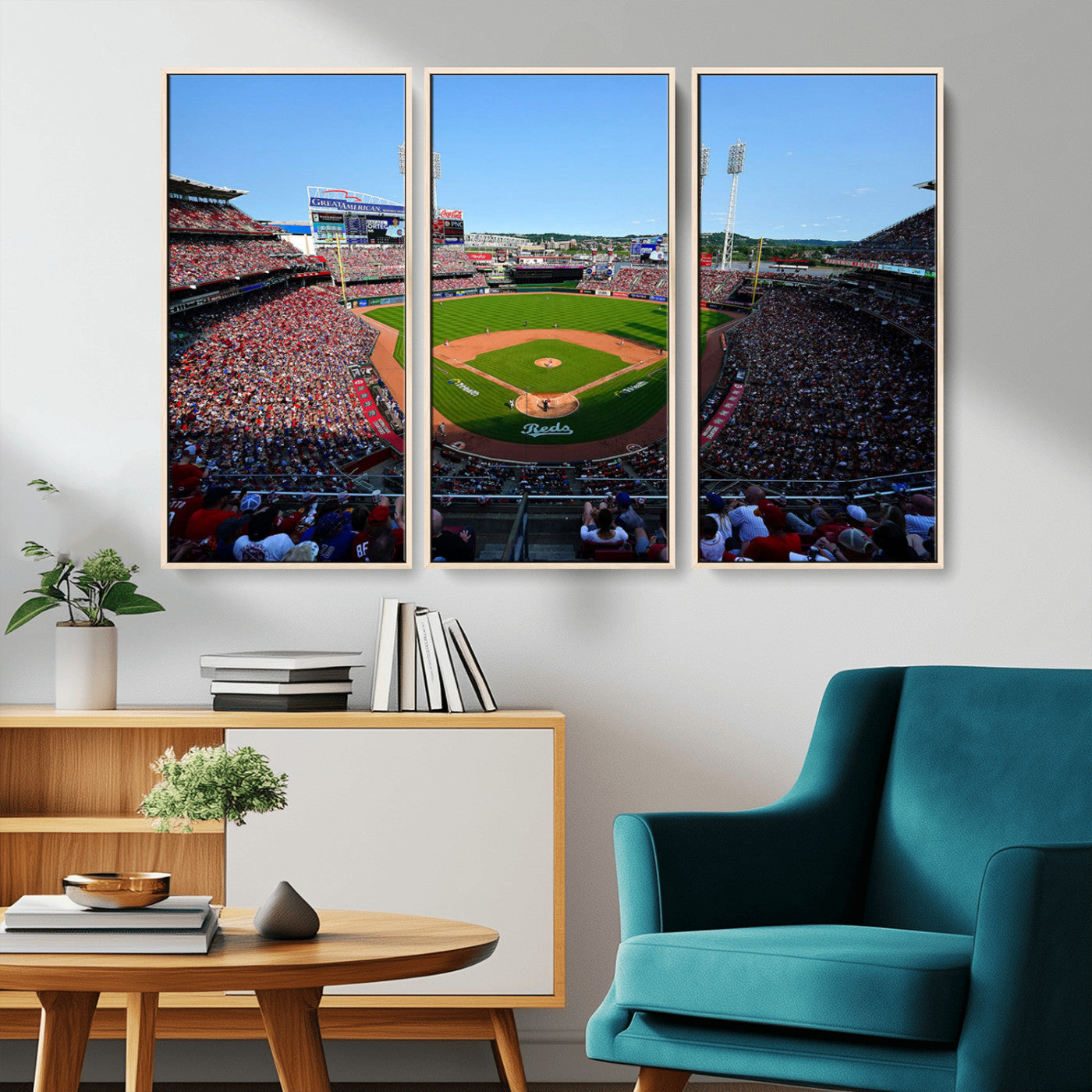 90998-MGV-CV-36X24-Baseball Stadium Wall Art – Canvas Print Day Game Field Packed Crowd Bright Blue Sky Sports Photography, Classic Decor for Game