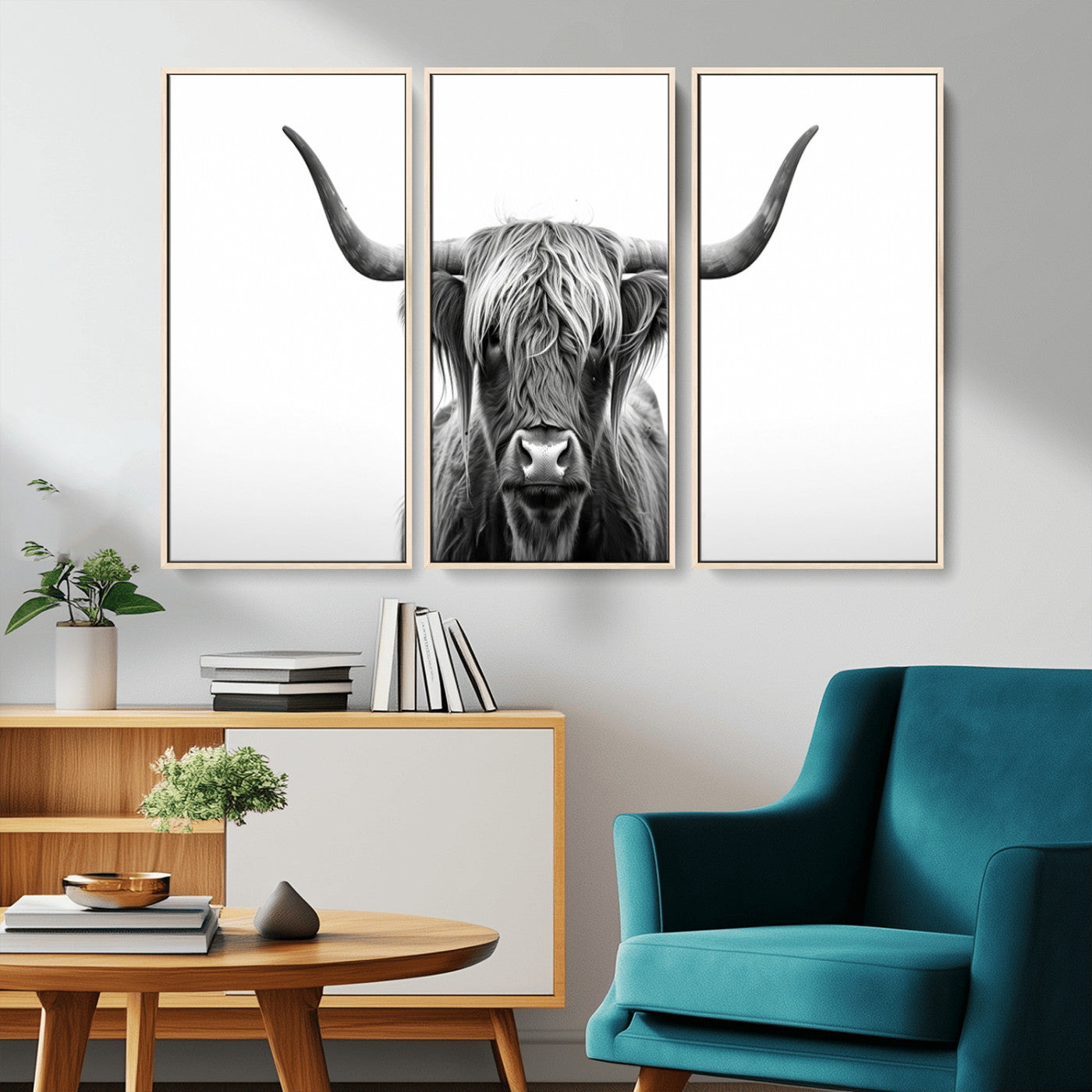 49556-MGV-CV-36X24-Highland Cow Wall Art – Black and White Scottish Highland Cattle Print, Rustic Farmhouse Minimalist Animal Portrait Canvas for