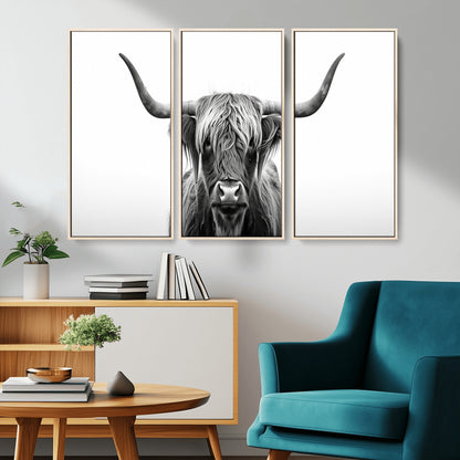 49556-MGV-CV-36X24-Highland Cow Wall Art – Black and White Scottish Highland Cattle Print, Rustic Farmhouse Minimalist Animal Portrait Canvas for