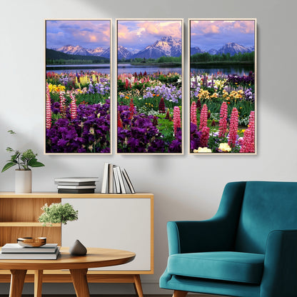 82270-MGV-CV-36X24-Colorful Wildflower Meadow Landscape Wall Art – Snow-Capped Mountain Lake Sunset Print, Vibrant Nature Artwork for Living Room,