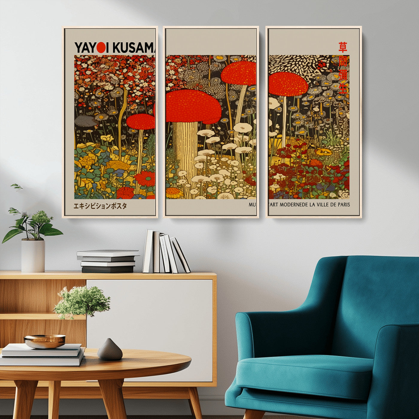 38013-MGV-CV-36X24-Yayoi Kusama Inspired Mushroom Garden Wall Art – Whimsical Botanical Canvas Print, Surreal Nature Poster, Fantasy Floral Artwork