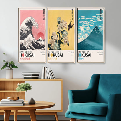 Katsushika-MGV-CV-36X24-Katsushika Hokusai Wall Art Set – The Great Wave, Hydrangea and Swallow, Fine Wind Canvas Prints, Japanese Ukiyo e Style Home and