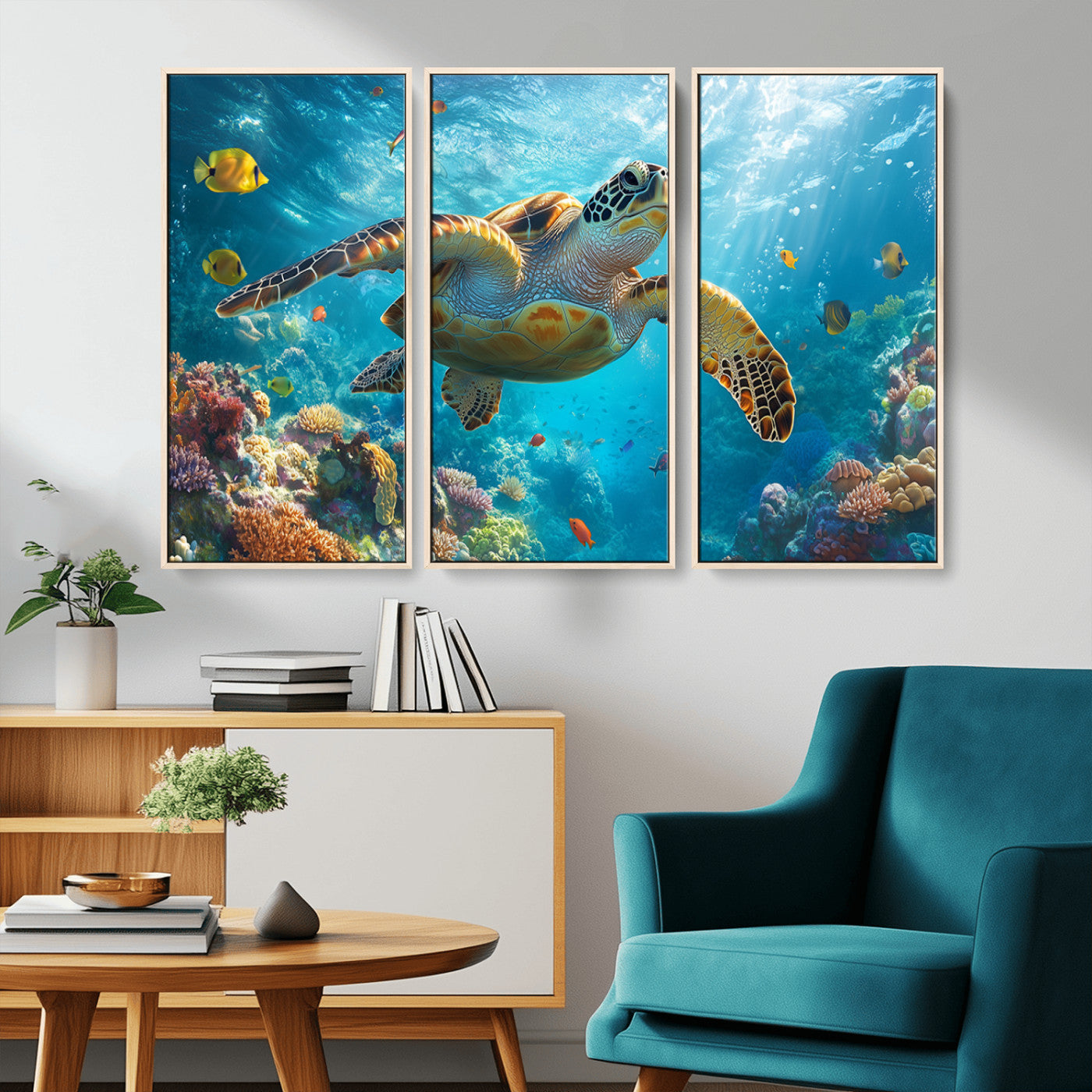 37623-MGV-CV-36X24-Sea Turtle Wall Art – Underwater Ocean Canvas Print with Coral Reef and Tropical Fish, Marine Life Painting Poster for Living
