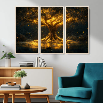 59580-MGV-CV-36X24-Glowing Tree Wall Art – Golden Fantasy Nature Canvas Print, Mystical Illuminated Tree Painting Poster for Living Room, Bedroom,