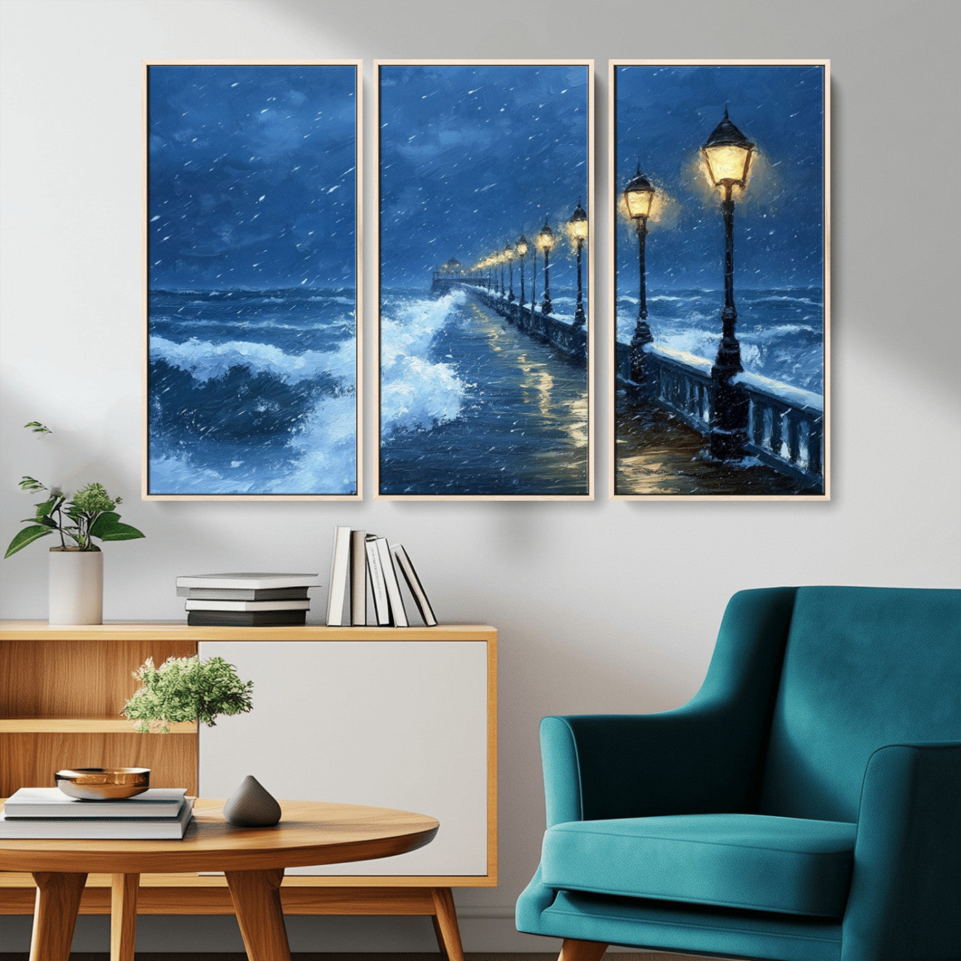32668-MGV-CV-36X24-Stormy Pier Wall Art – Ocean Waves and Street Lamps Canvas Print, Rainy Night Seascape Oil Painting Poster for Living Room,
