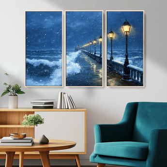 32668-MGV-CV-36X24-Stormy Pier Wall Art – Ocean Waves and Street Lamps Canvas Print, Rainy Night Seascape Oil Painting Poster for Living Room,