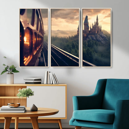84029-MGV-CV-36X24-Fantasy Castle Wall Art – Magical Train Sunset Forest Canvas Print, Enchanted Landscape Painting Poster for Living Room, Bedroom,