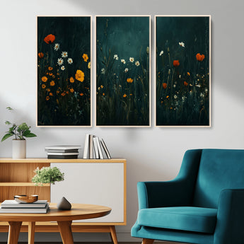 87037-MGV-CV-36X24-Wildflower Wall Art – Dark Botanical Floral Canvas Print, Modern Nature Painting Poster with Daisies Poppies Orange Flowers for