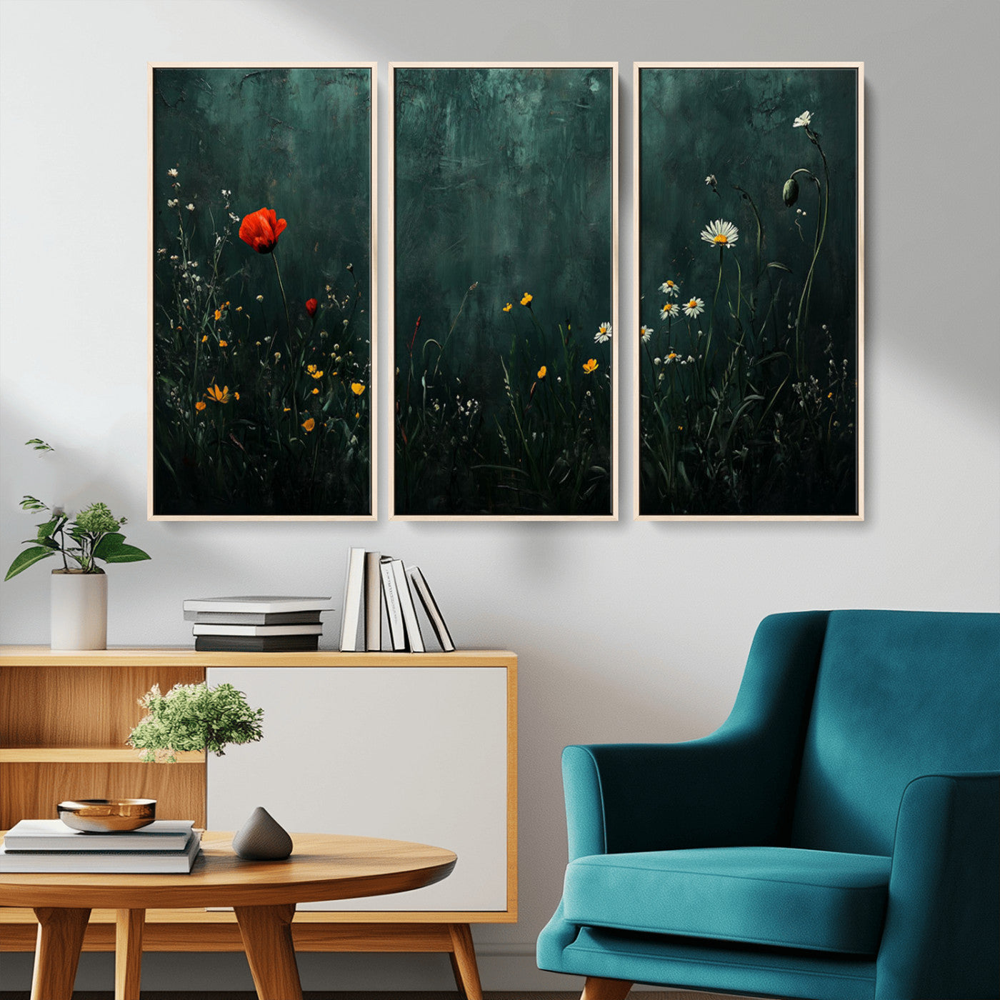 26218-MGV-CV-36X24-Wildflower Wall Art – Dark Botanical Floral Canvas Print, Modern Nature Painting Poster with Daisy Poppy Yellow Flowers for Living
