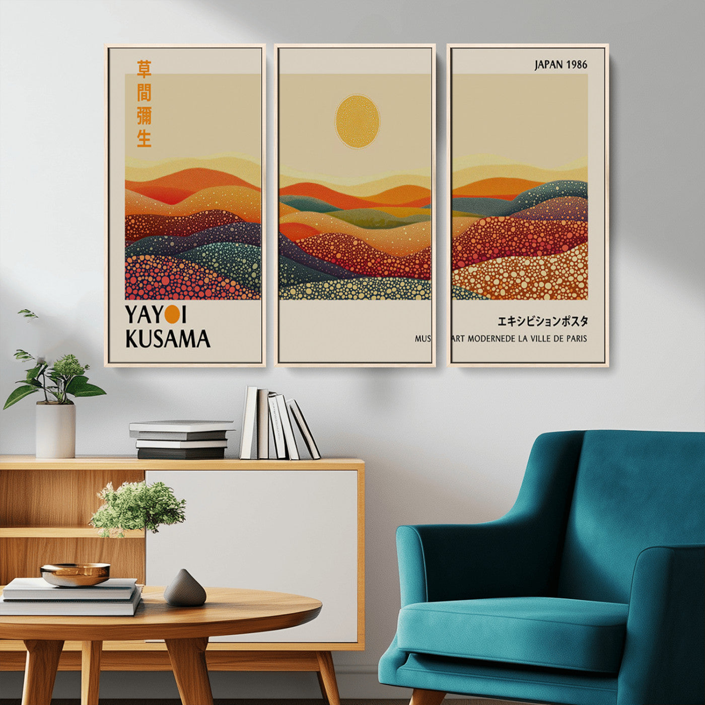 88180-MGV-CV-36X24-Yayoi Kusama Landscape Wall Art – Abstract Dotted Mountain Canvas Print, Retro Sun Poster for Modern Living Room, Office or